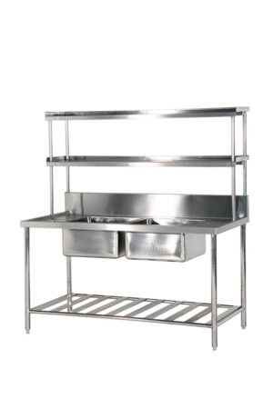 Double Bowl Sink Table With 2 Tier Overshelf 300x450 1